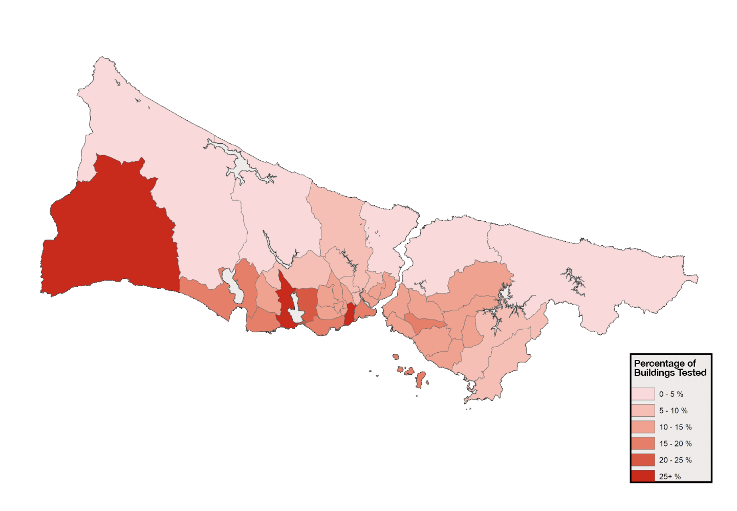 Map Showing Percentage of the Amount of Buildings Tested in Every Administrative Region